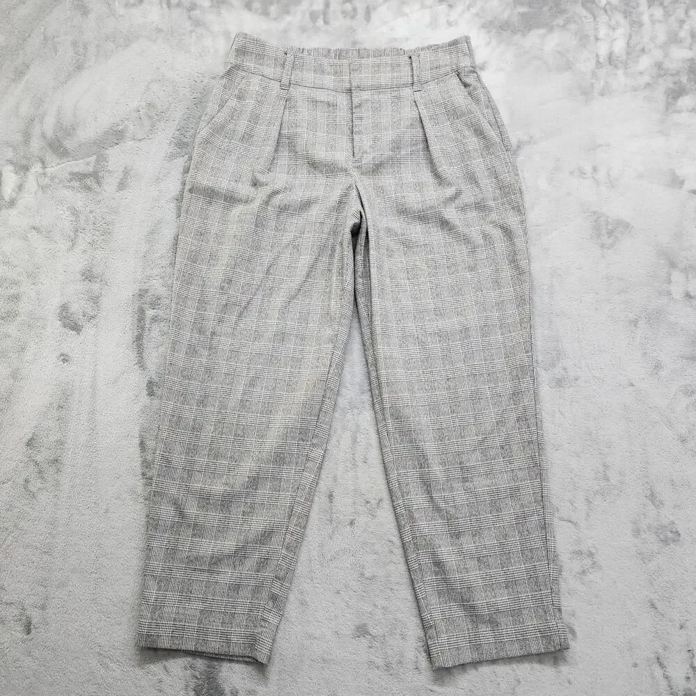 A New Day Pant Womens 12 Grey Plaid High Rise Pleated Tapered Crop Ankle Stretch